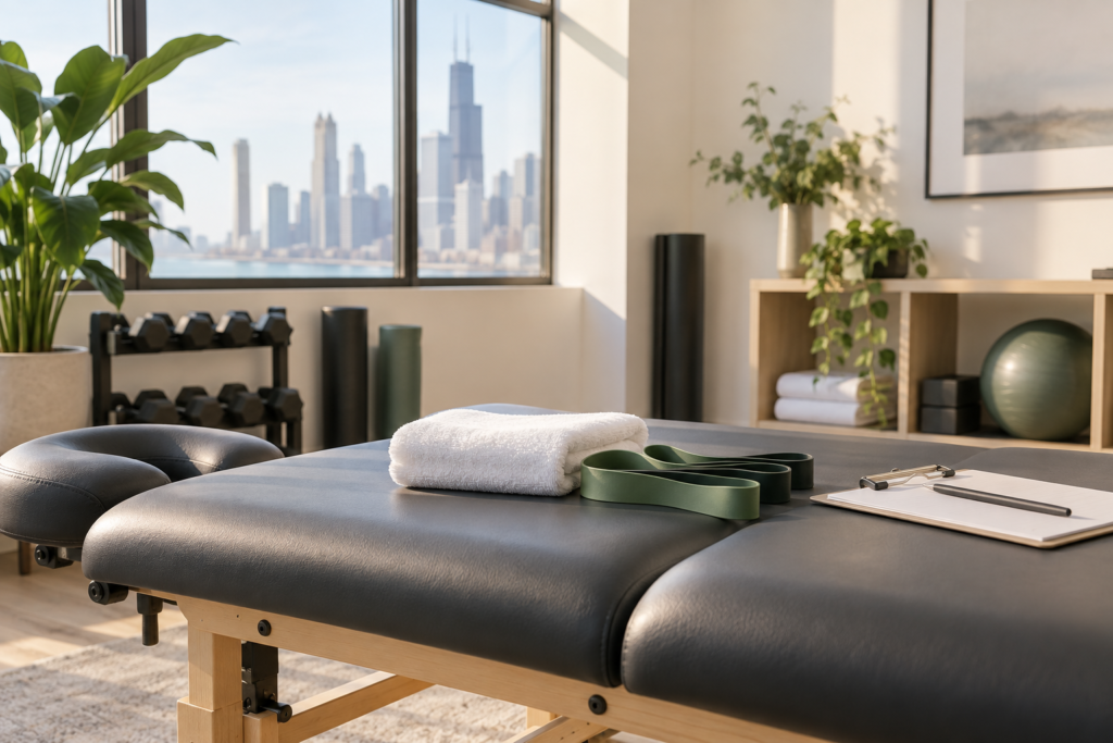 Physical therapy treatment space prepared for post-surgery rehabilitation